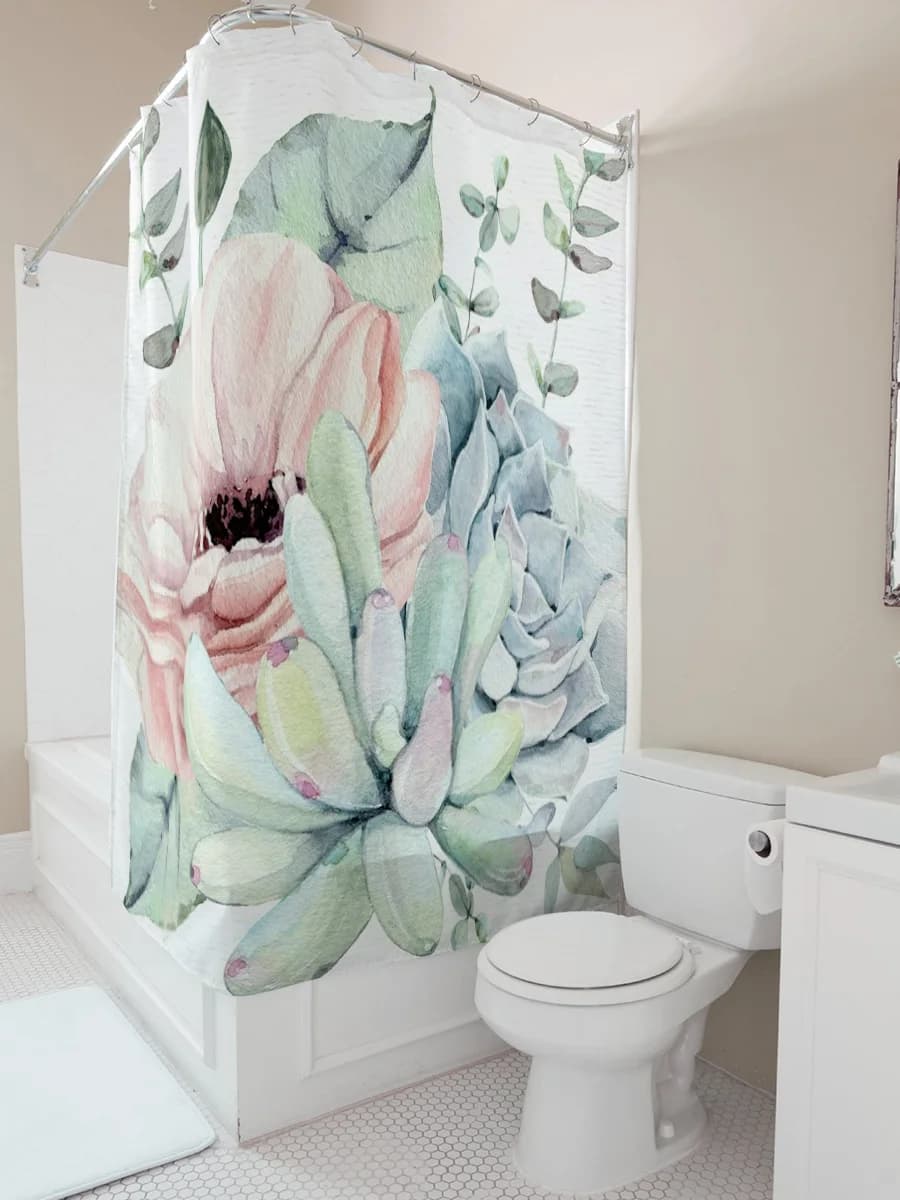 Tenda da doccia impermeabile floreale e succulenta acquerello