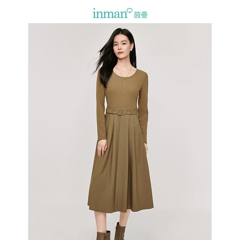 INMAN 2024 autunno inverno lavorato a maglia patchwork abito da donna in vita che dimagrisce gonne di media lunghezza a maniche lunghe (con una cintura libera)