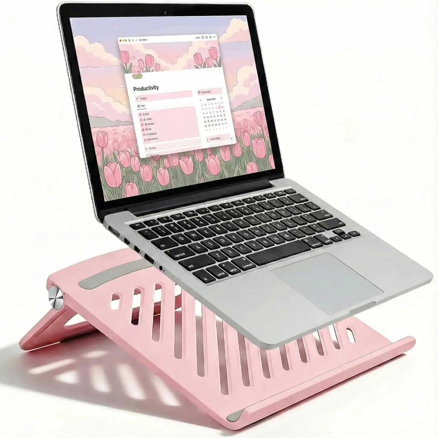 Supporto per Laptop Regolabile e Pieghevole in Rosa - Ventilato e Robusto con Cuscinetti Antiscivolo per Uso Domestico e in Ufficio