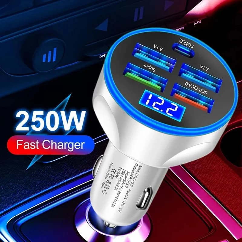 250W 5 Ports USB Car Charger Fast Charging PD Quick Charge 3.0 USB C Car Phone Charger Adapter For iPhone Xiaomi Samsung Huawei