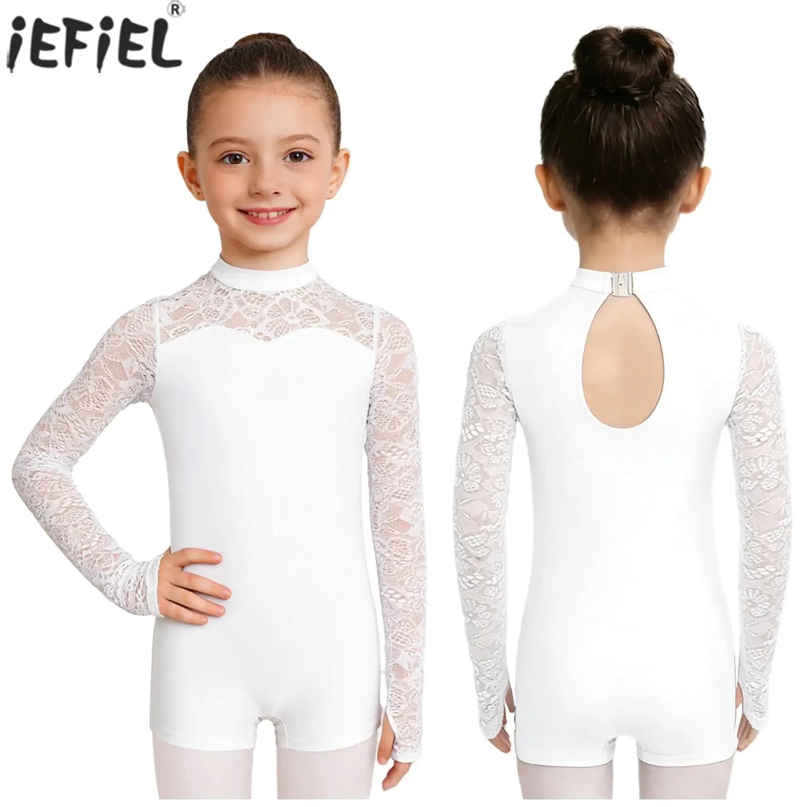 Body da Danza per Bambine con Pizzo Floreale, Maniche Lunghe, per Pattinaggio Artistico, Ginnastica, Yoga, Allenamento, Abbigliamento da Ballo
