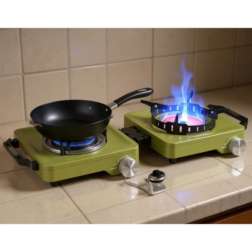 Fornello da Campeggio a Doppio Bruciatore a Propano 36000 BTU, Fiamma Infrarossi Aperta Antivento, Kit da Cucina Portatile Pieghevole per Esterni con Padella