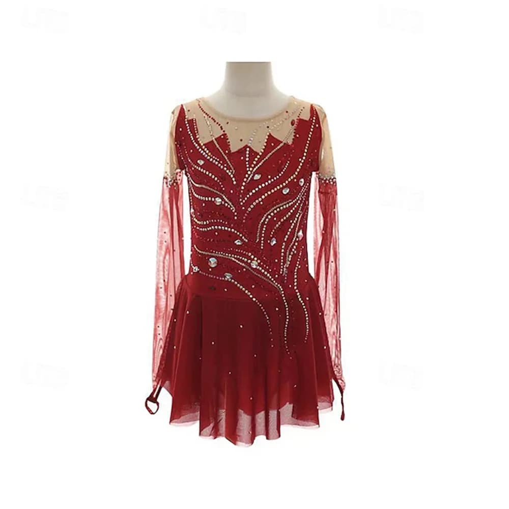 Abito da pattinaggio su ghiaccio da ragazza Patchwork bordeaux Foro per il pollice Elastico Allenamento Pratica Pattinaggio professionale Cristallo / Strass