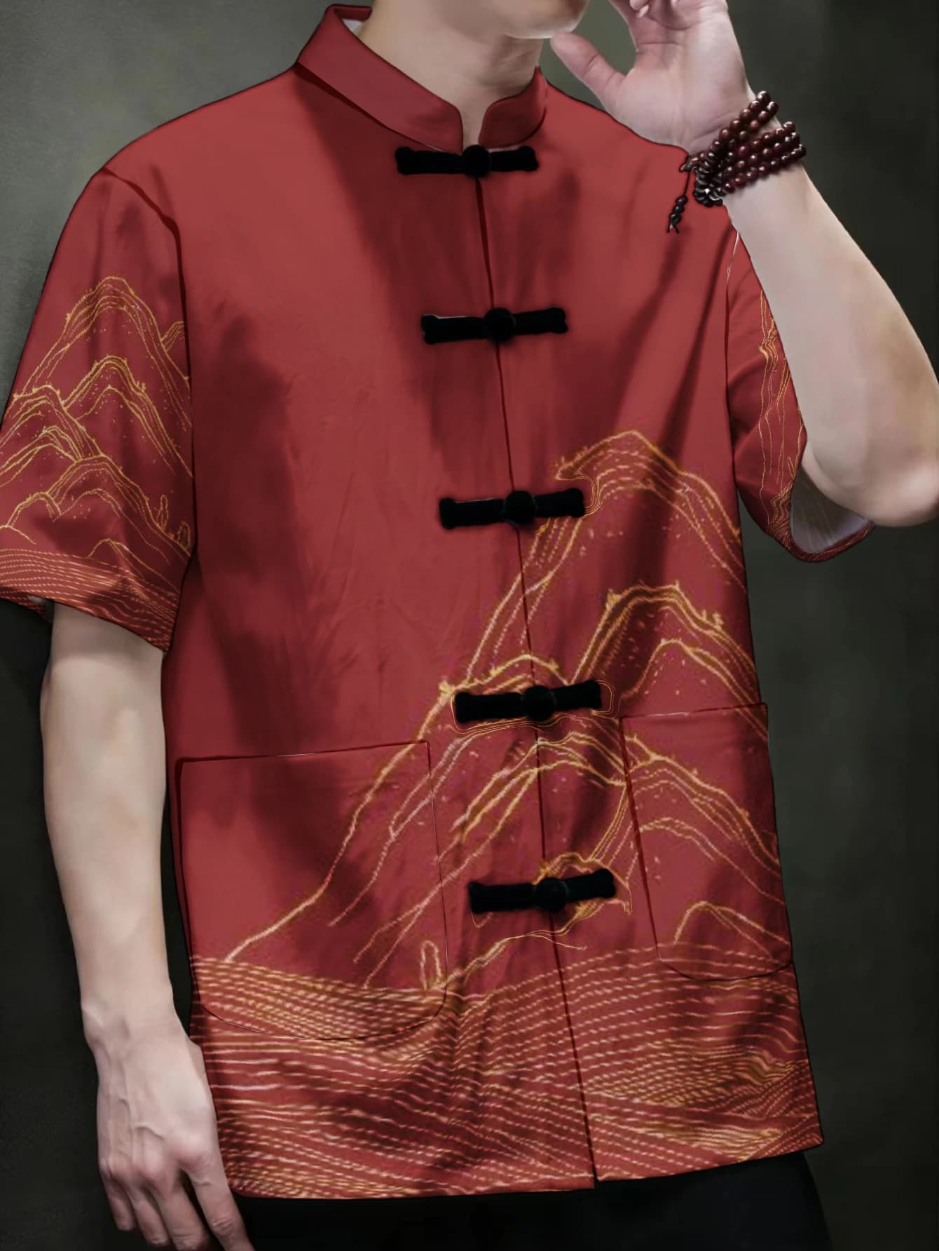 Men Oriental Tang Suit Short Sleeve Outer Shirt Mandarin Collar Frog Button Golden Line Mountain Print Red Base Traditional Stre