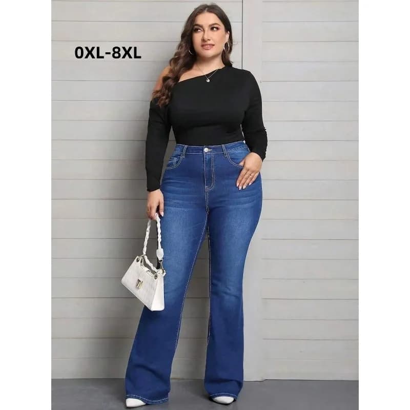 Spring Women Casual Denim Long Pants Plus Size 8XL 7XL Ladies Medium Rise Washed Blue Stretch Denim Flared Bootcut Jeans 6XL 5XL