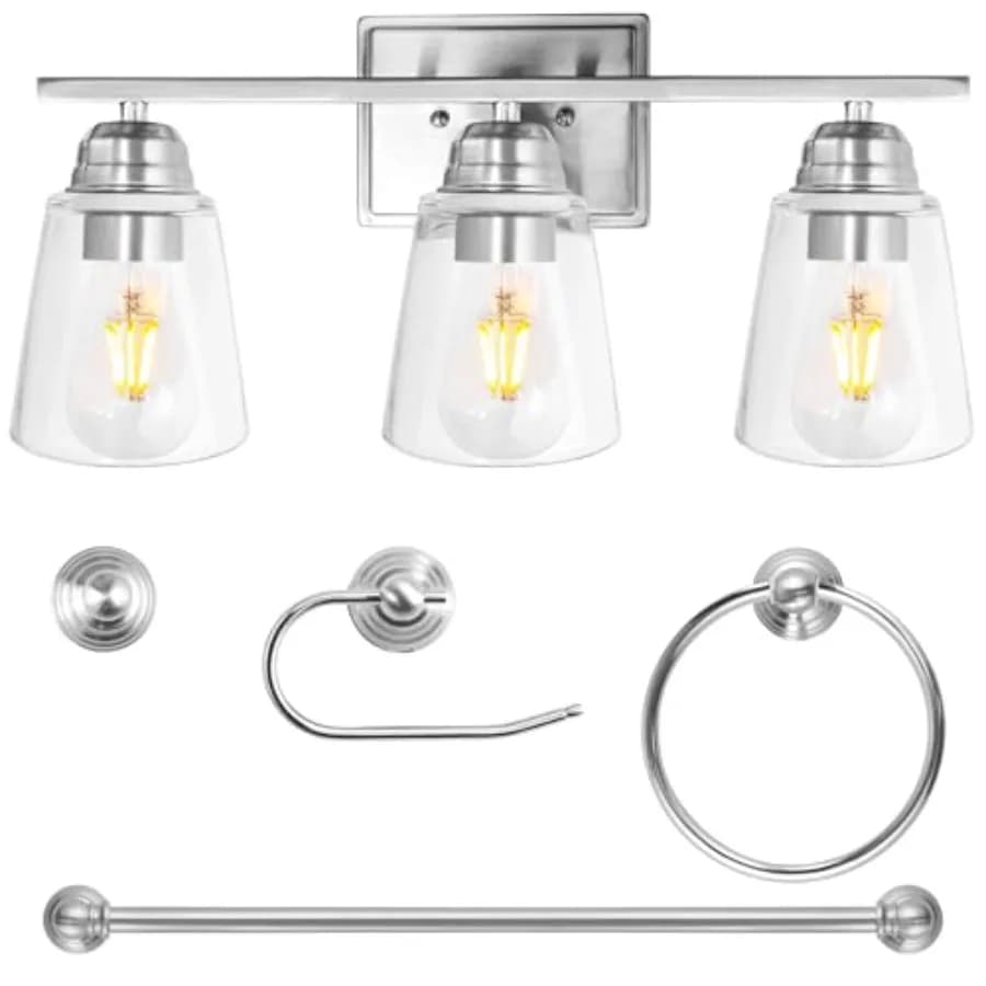 Set Bagno Completo 5 Pezzi con Lampada a 3 Luci, Portasciugamani, Anello Portasciugamani, Gancio per Accappatoio e Porta Carta Igienica per Specchio Bagno
