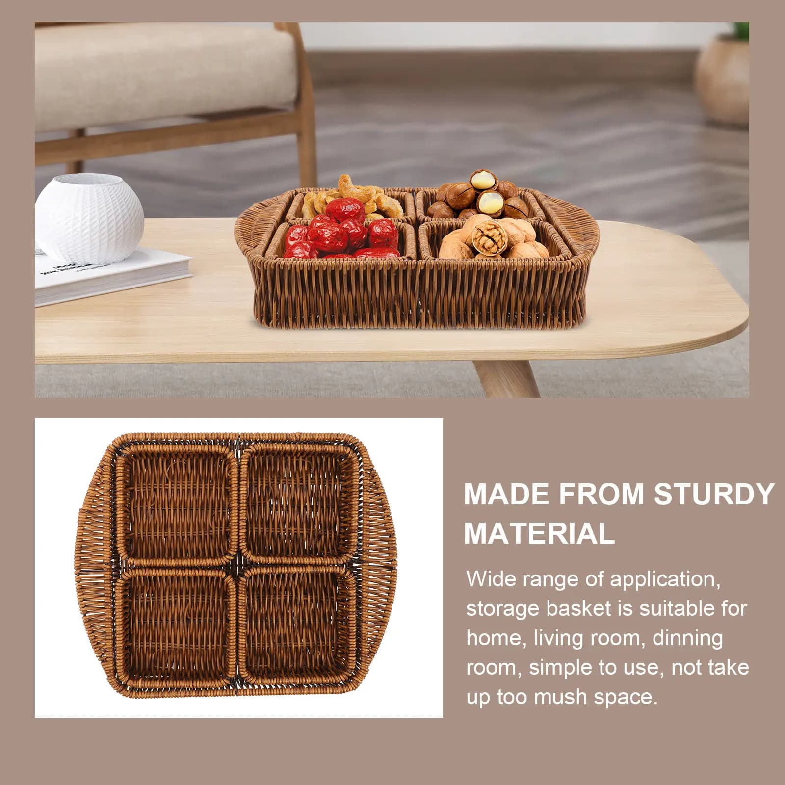 1Set Woven Storage Basket Set Exquisite Simple Design Large and Small Compartments for Snack Fruit Dried Fruit Food Home