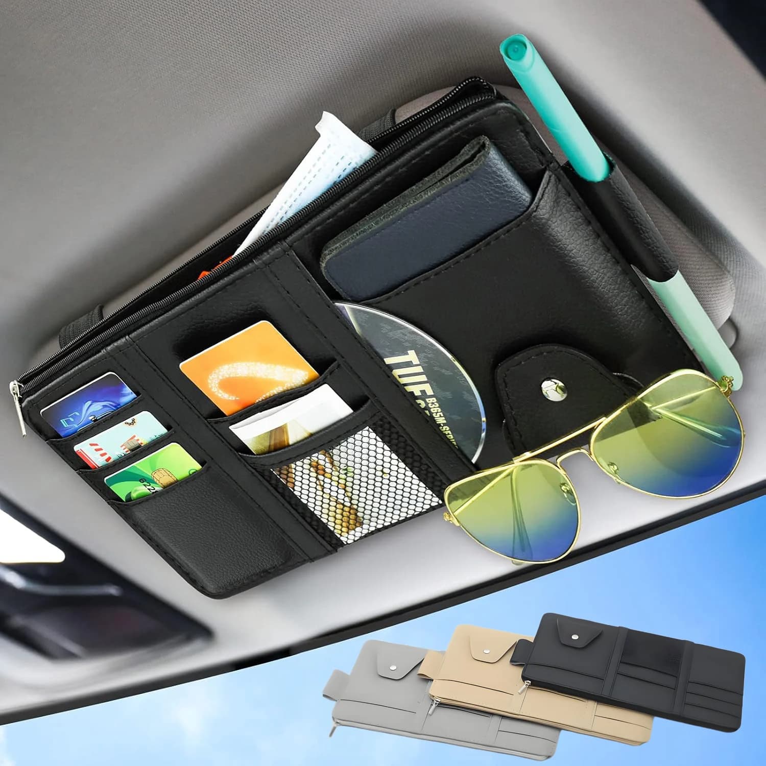 Borsa portaoggetti per parasole Borsa multitasche in pelle PU con cerniera per visiera parasole per auto Porta occhiali da sole per accessori interni per auto