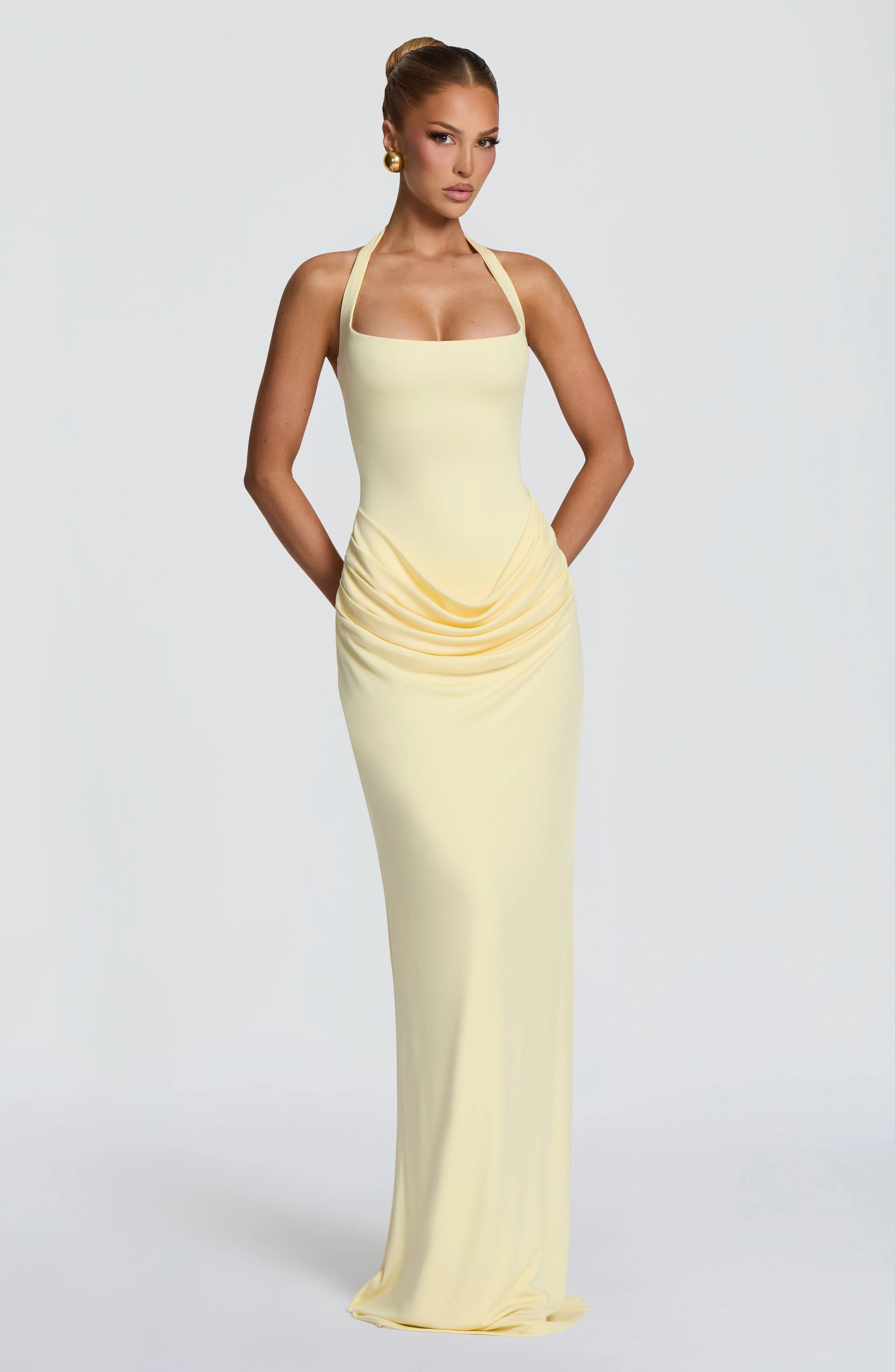 Halter Square Neck Maxi Dress Waist Draped Ruched Bodycon Mermaid Long Gown Elegant Wedding Guest Evening Party Women Dress