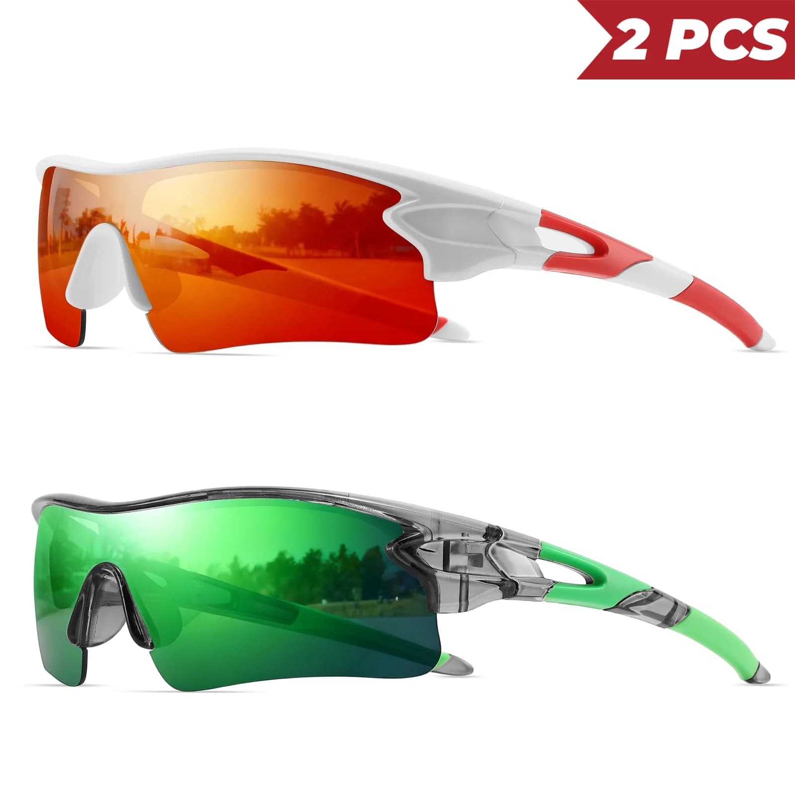Classic colored sunglasses 2 pieces: single-piece lenses, UV400 for sports, cycling, hiking and travel