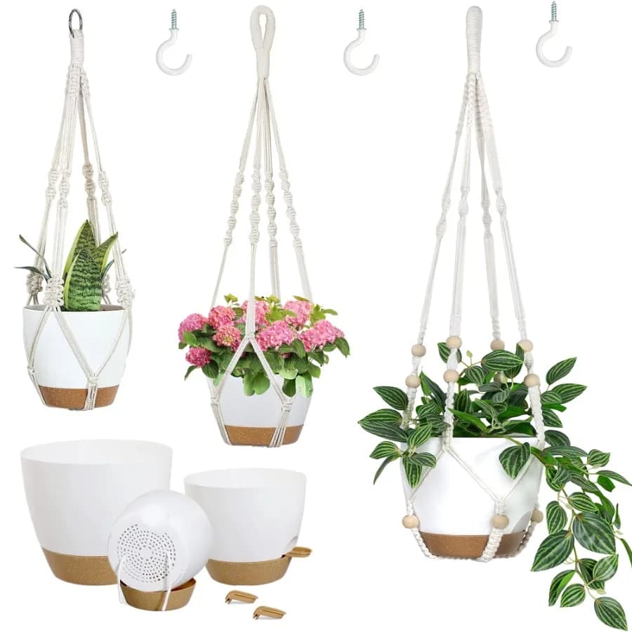 3-Pack Self Watering Hanging Plant Pots with Macrame Hangers Plastic Planters with Drainage Holes and Saucers Indoor Outdoor Fl