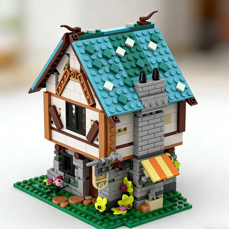 MOC Scena di Strada con Casa 713 Pezzi, Giocattolo Educativo da Costruire in Legno, Regalo con Piccole Particelle