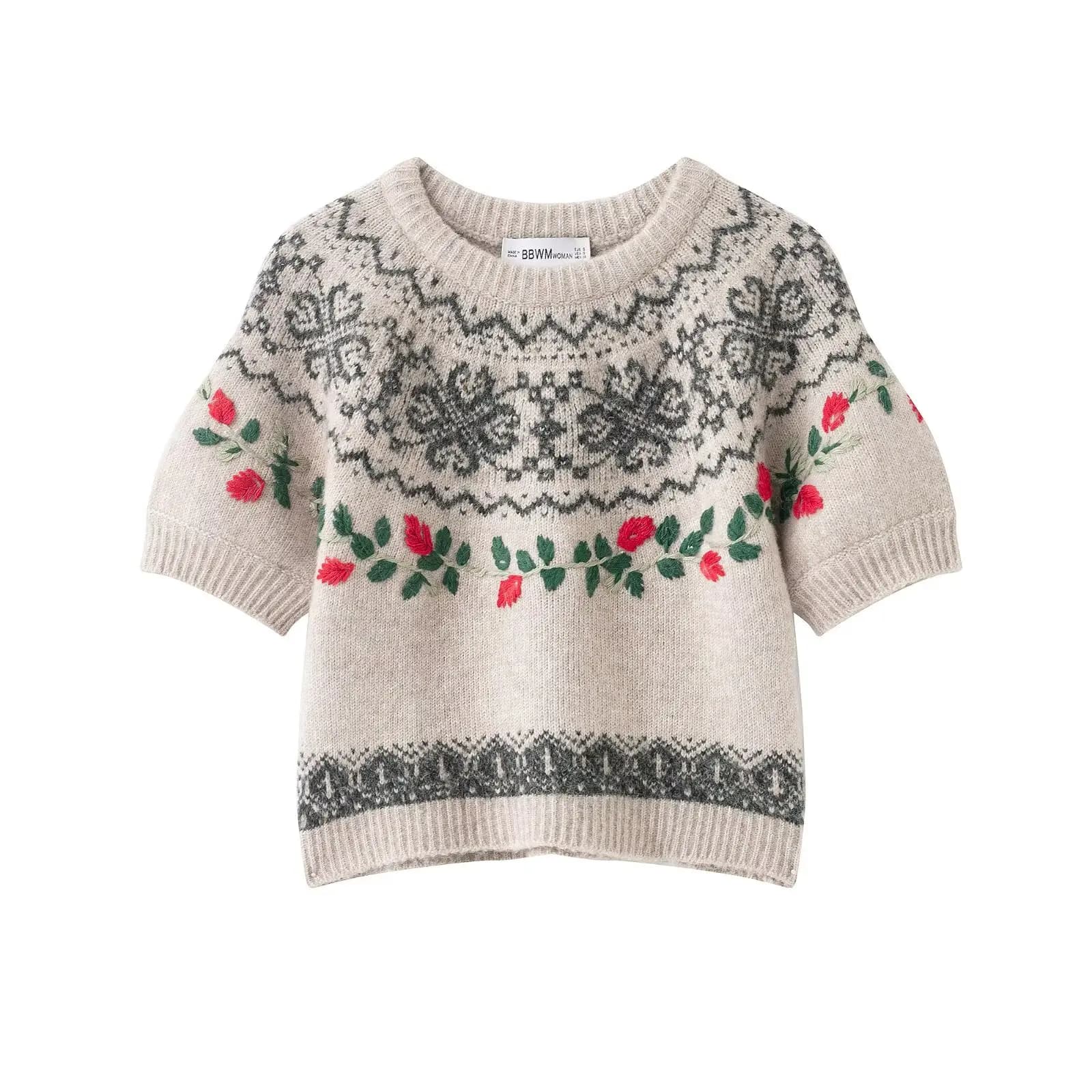 Zevity Nuove Donne Moda Manica Corta Foglie Ricamo Jacquard Maglione di Lavoro A Maglia Femminile Chic O Collo Pullover Cappotto Magliette E Camicette SW9463
