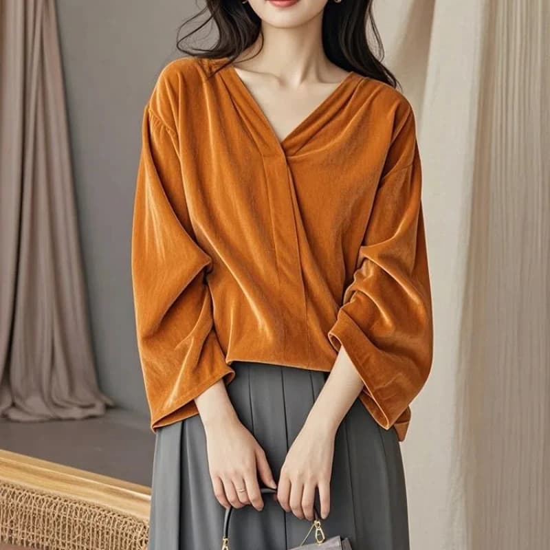 Women's Autumn 2024 New Pullovers Splicing V-neck Fashion Solid Color Minimalist Casual Long Sleeve Shirts Shirts