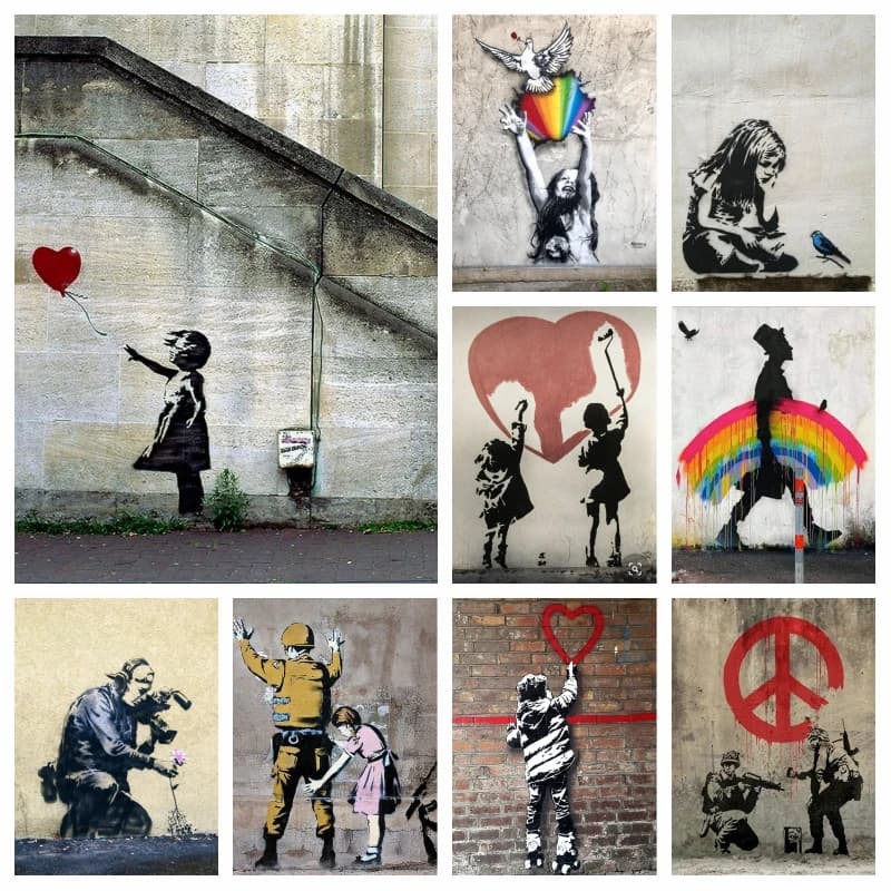 Artist Banksy Girl With Balloon Graffiti Street Art Full Diamond Painting AB Drills Peace Sign Cross Stitch Wall Pattern Decor