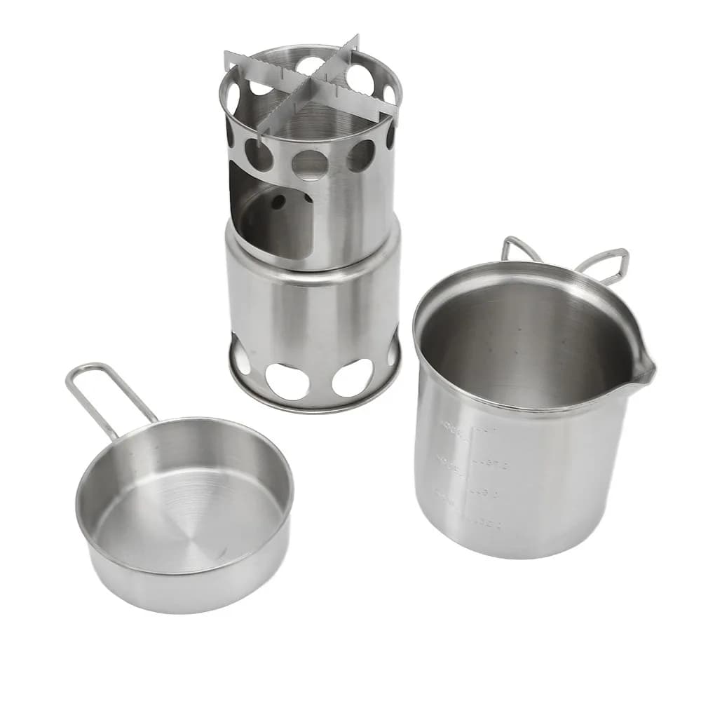 Set di pentole da campeggio in acciaio inossidabile con supporto antiscivolo e borsa a rete, fornello da campeggio portatile, set di pentole da campeggio per cucinare all'aperto