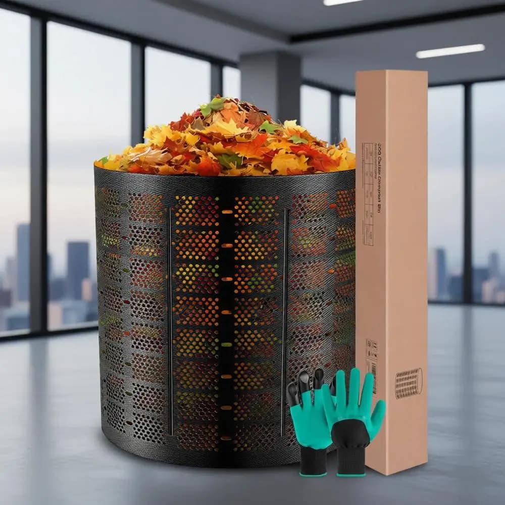 Contenitore per Compost Espandibile da 300 Galloni per Uso Esterno, Facile da Montare, Ideale per Grandi Giardini e Cortili (Nero con Guanti)