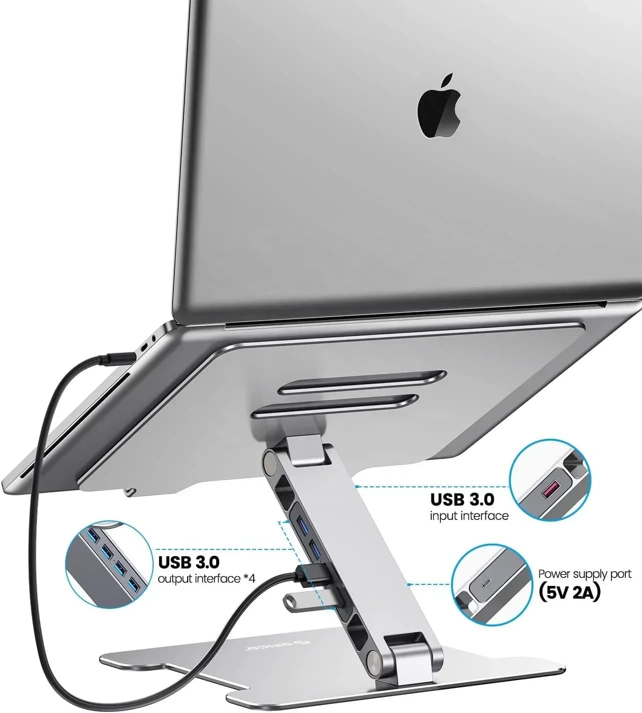 ORICO USB HUB USB3.0*4 5Gbps con supporto regolabile per laptop, supporto pieghevole in alluminio per computer compatibile con laptop e tablet