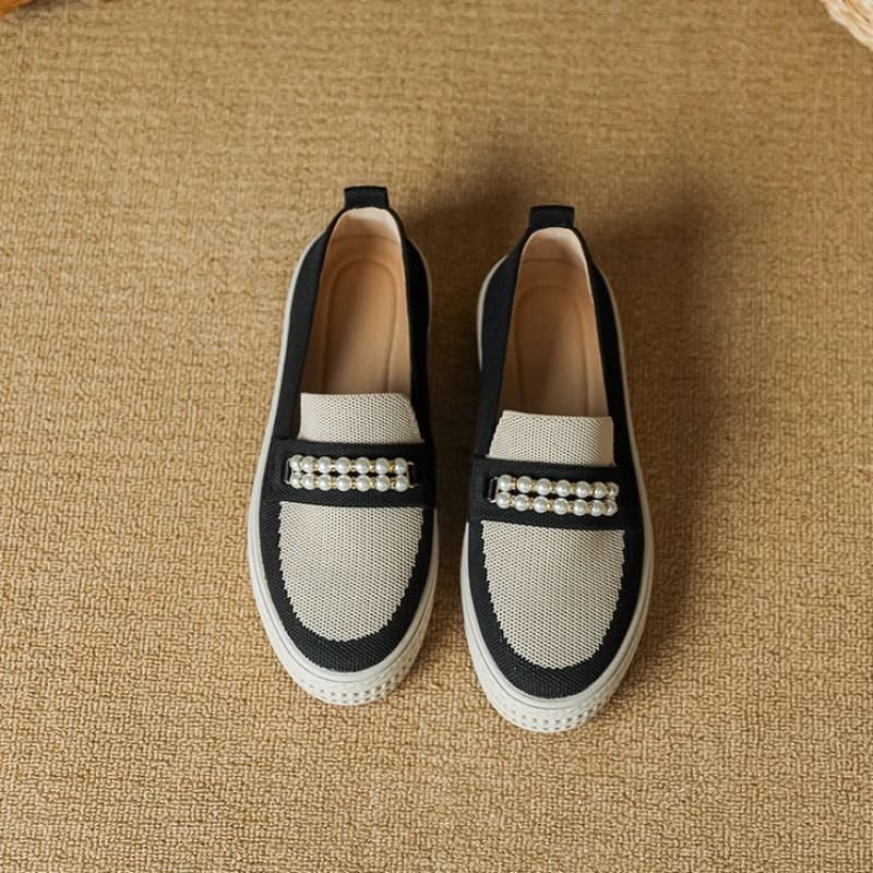 Scarpe estive da donna nuove e comode, con suola morbida in tessuto a colori abbinati, fibbia con perle, scarpe basse casual stile principessa
