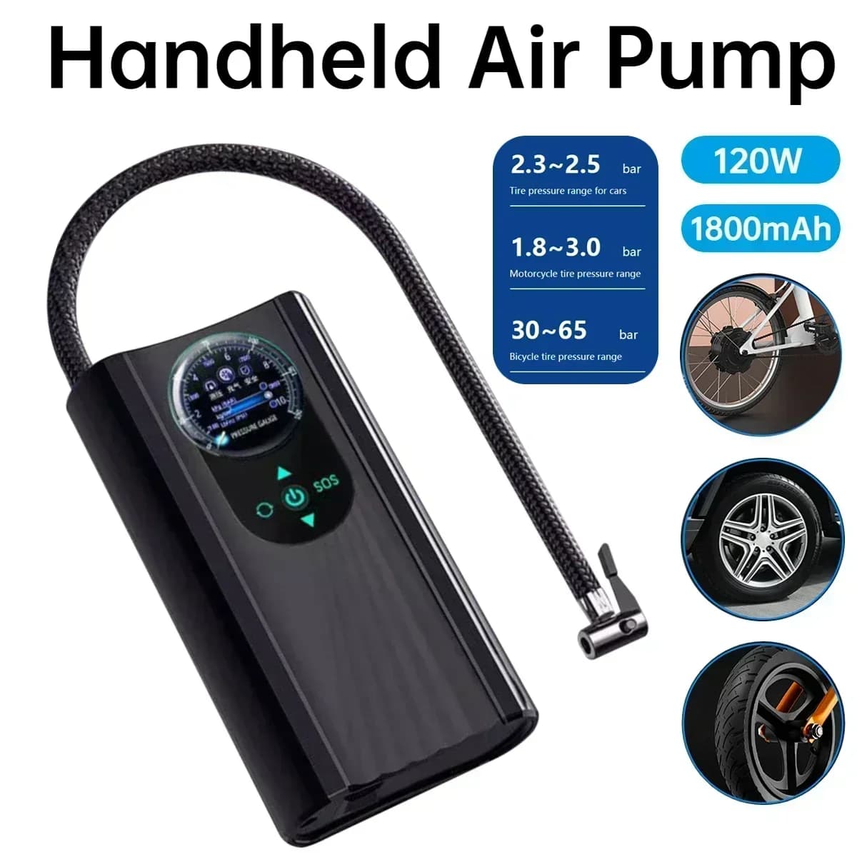 Compressore d'Aria Elettrico Portatile 12V ad Alta Precisione per Gonfiaggio Rapido di Pneumatici per Moto, Auto e Biciclette