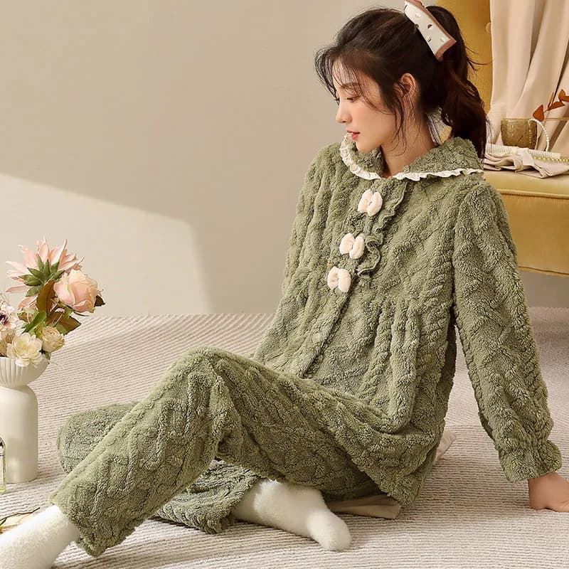 Thick Coral Fleece Pajamas Women Warm Flannel Lapel Cardigan Long-Sleeved Autumn And Winter Home Service Suit Pyjamas Mujer 3XL