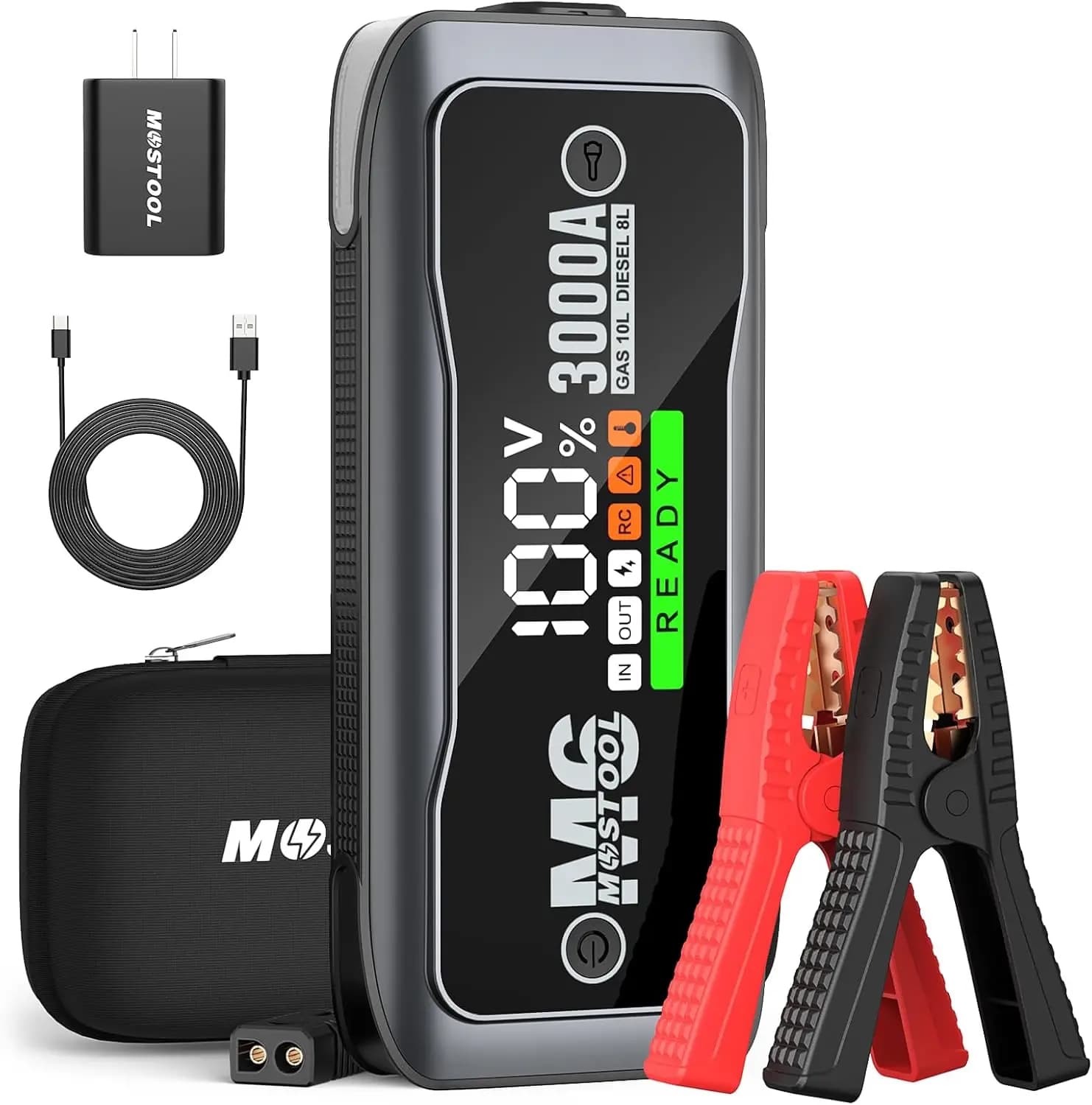 Avviatore di emergenza per auto M6 3000A, batteria portatile da 12 V con display a LED, adatto a motori fino a 10,0 litri a gas e 8,0 litri