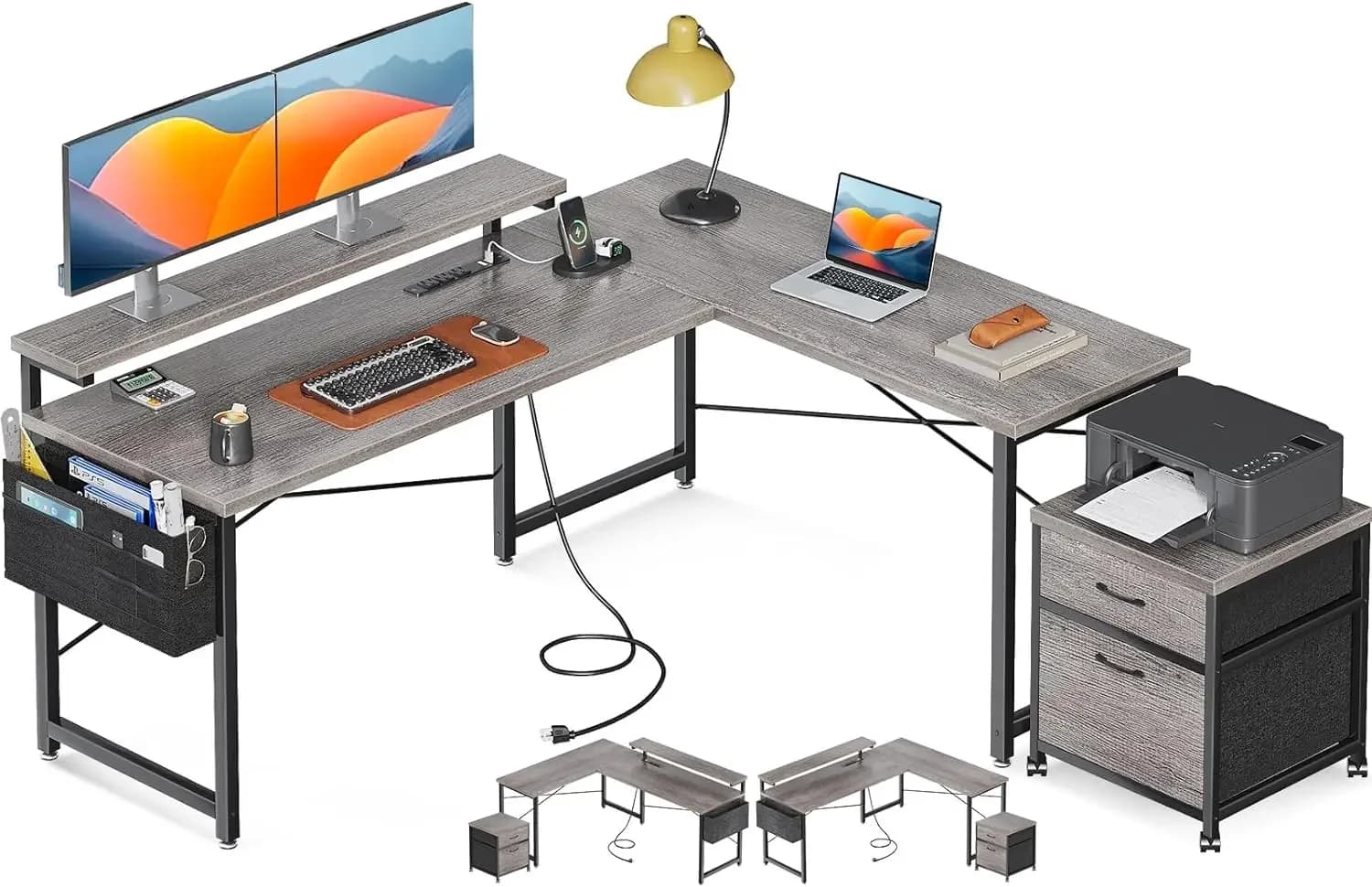 #For L Shaped Computer Desk, 55" Office Desk with File Cabinet, Power Outlet and Adjustable Monitor Stand, Home Office Furniture
