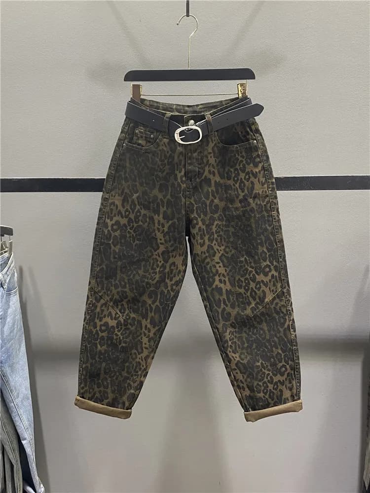 Retro Leopard Print Wide Leg Jeans Women's Casual High Waist Loose Fit Dad Harlan Pants Trendy Spring New Arrival