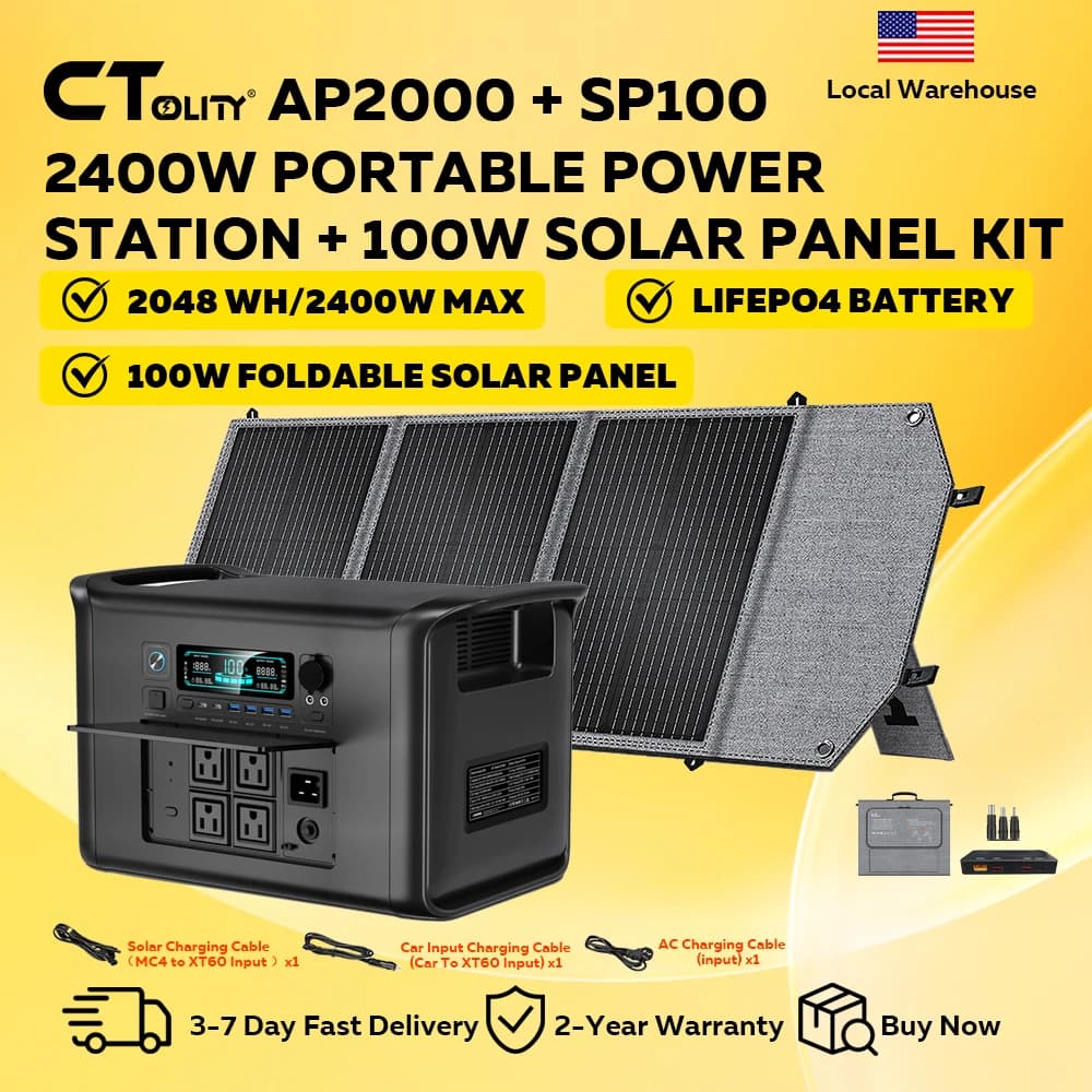 CTOLITY AP2000 2400W Portable Solar Generator with Solar Panel 100W 2048Wh LiFePO4 Battery Power Station, AC Outlet, and Pure Sine Wave Emergency Power Supply for Camping Outdoor and RV Use