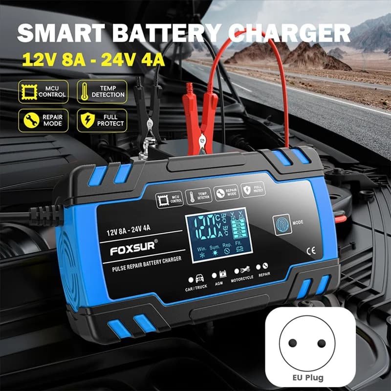 Foxsur Caricabatteria per auto moto 12V 8A 24V 4A Riparazione automatica degli impulsi Caricabatterie per riparazione batteria per auto intelligente LCD Durevole - Spina UE