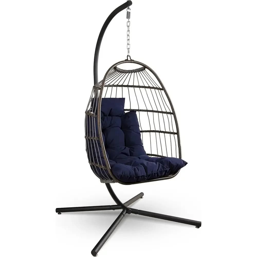 Wicker Rattan Hanging Egg Chair with Stand, Weather-Resistant Cushion, 350 lbs Capacity, Ideal for Patio and Backyard