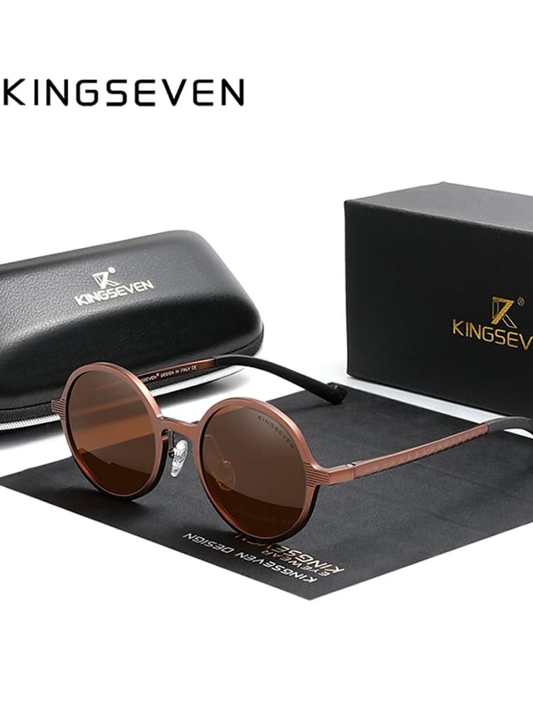 KINGSEVEN Occhiali da Sole Vintage Steampunk Marroni per Uomo, Lenti Rotonde Polarizzate, Occhiali da Guida