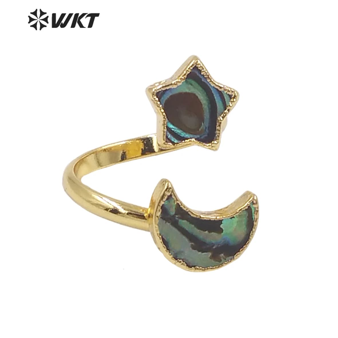 WT-MPR027 WKT Anelli in conchiglia di abalone alla moda, eleganti, a forma di stella e luna, placcati in oro, anello aperto, gioielli da festa, regalo di San Valentino