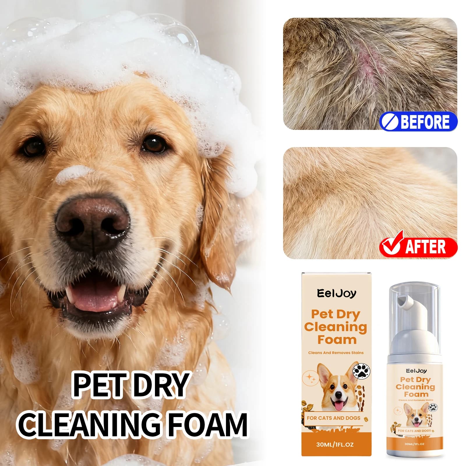 Mousse Detergente Delicata per Animali Domestici, Elimina Odori, Pulizia Rapida e Profonda, Profumo Duraturo, Anti-Nodo, Shampoo a Secco Senza Risciacquo per Cani e Gatti
