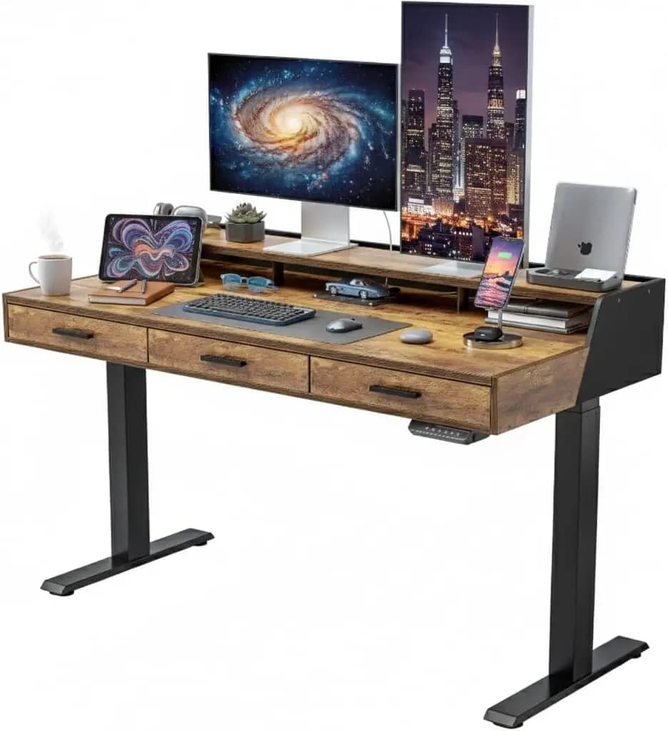 Scrivania Regolabile 55x26 Pollici con Cassetti e Ripiano per Monitor, Postazione Ergonomica per Ufficio Domestico in Marrone