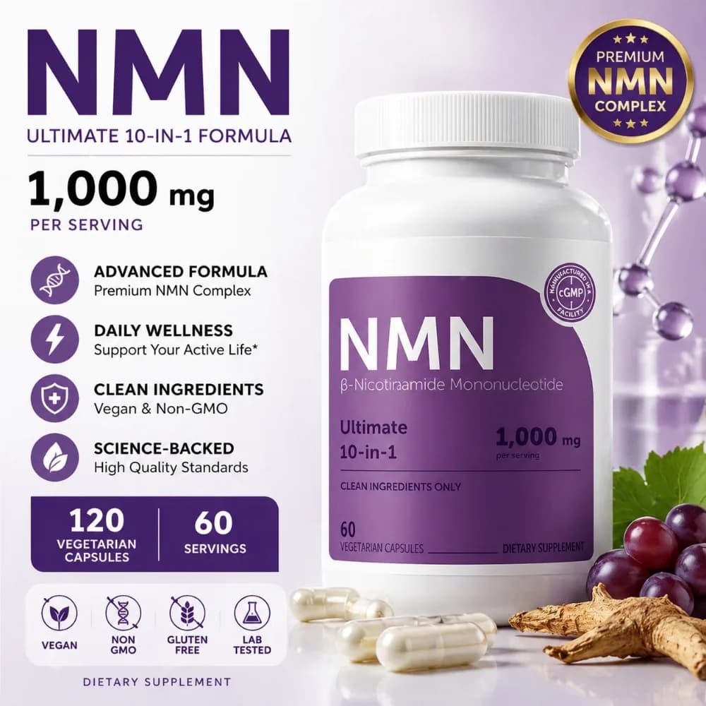 Capsule NMN 1000mg per Porzione con Resveratrolo, CoQ10, Vitamina C, Formula Vegana, Integratore per il Benessere Quotidiano, Ingredienti Naturali, 120 Capsule