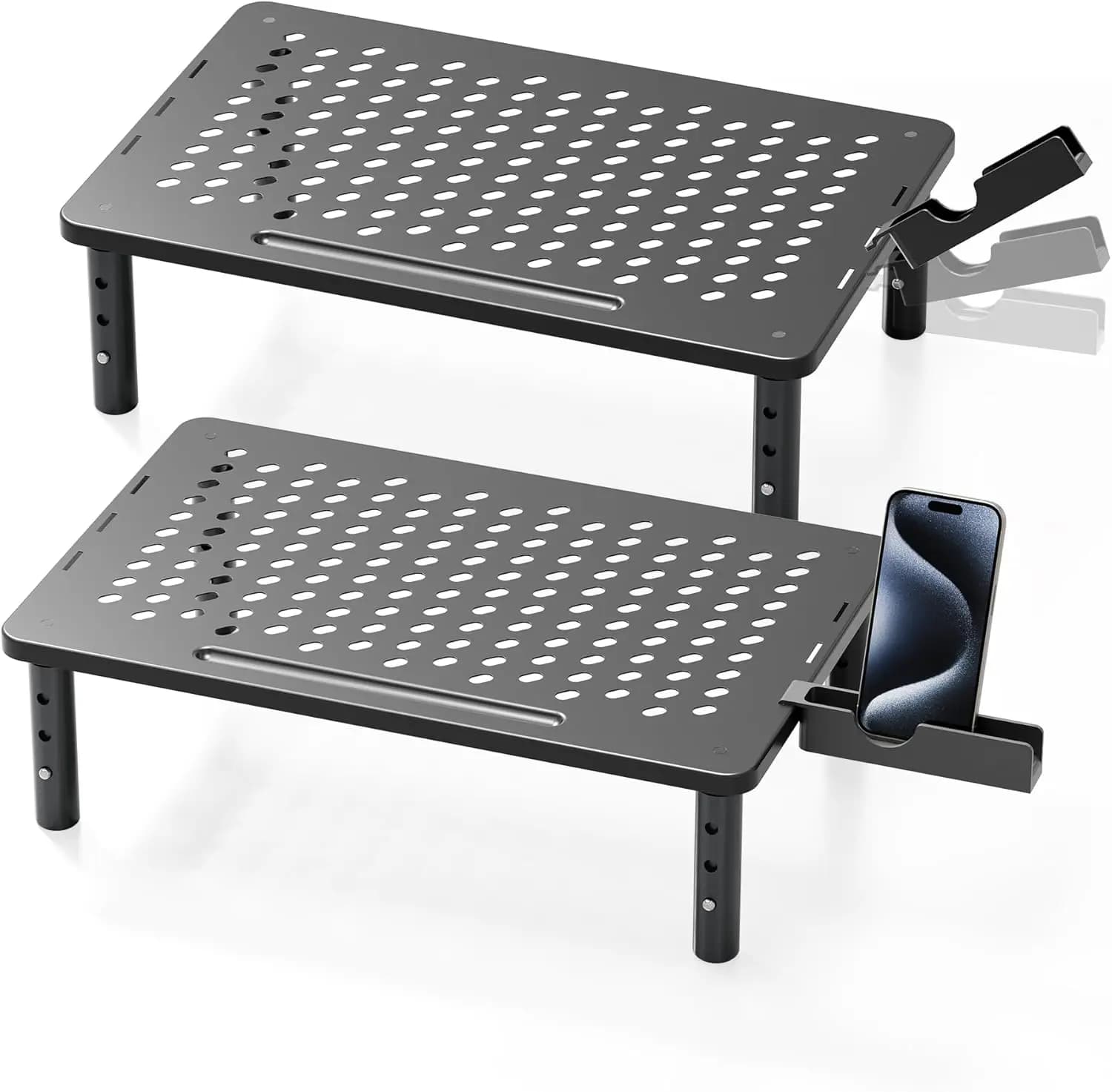 Supporto Regolabile per Monitor, Set da 2 Ripiani in Metallo con Porta Telefono per PC, Laptop e TV