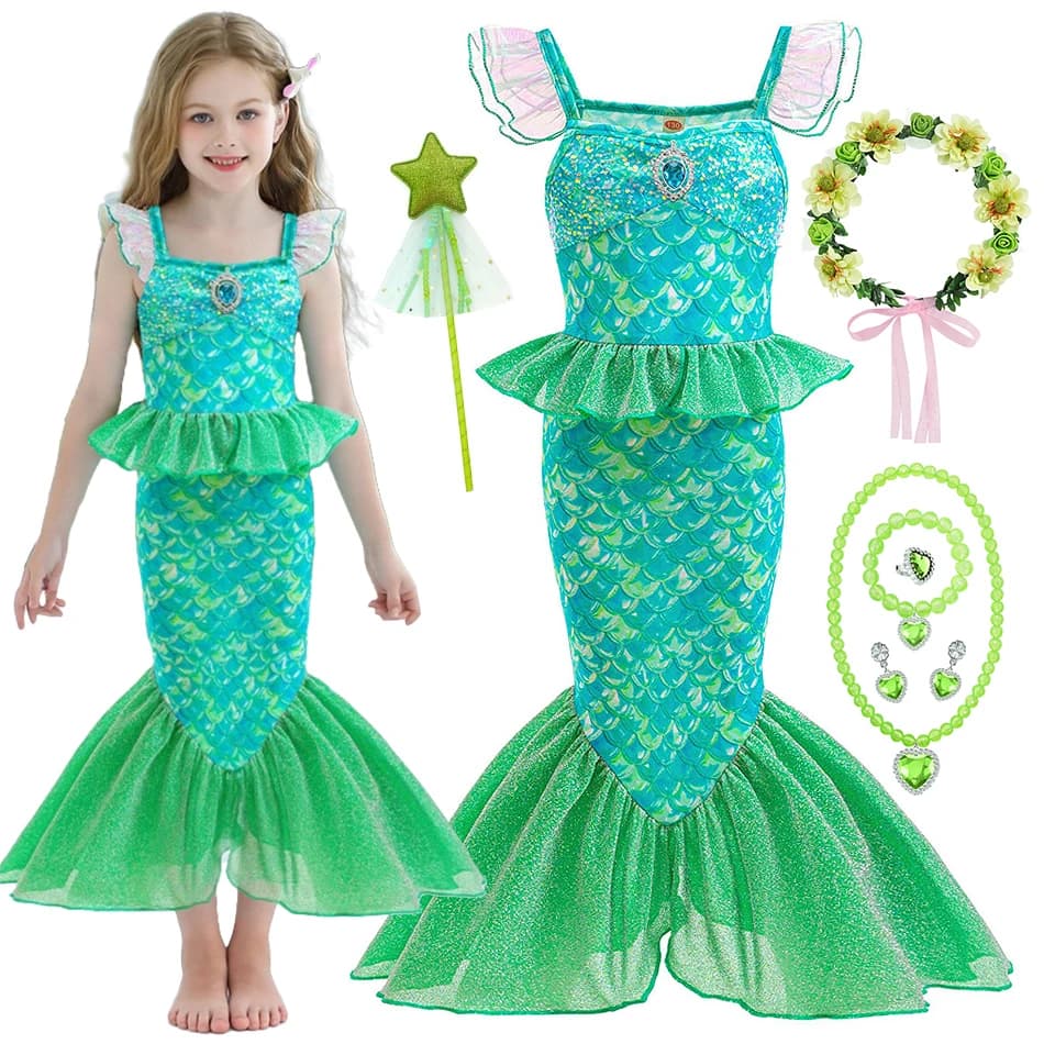 Costume da Sirena Verde per Bambine, Abito da Principessa Ariel, Vestito a Coda di Pesce per Feste di Compleanno e Halloween