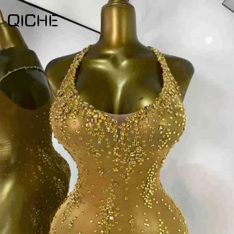 QICHE European Shiny Rhinestone Women Dress Sexy Elegant Singer Stage Party Performance Evening Gown