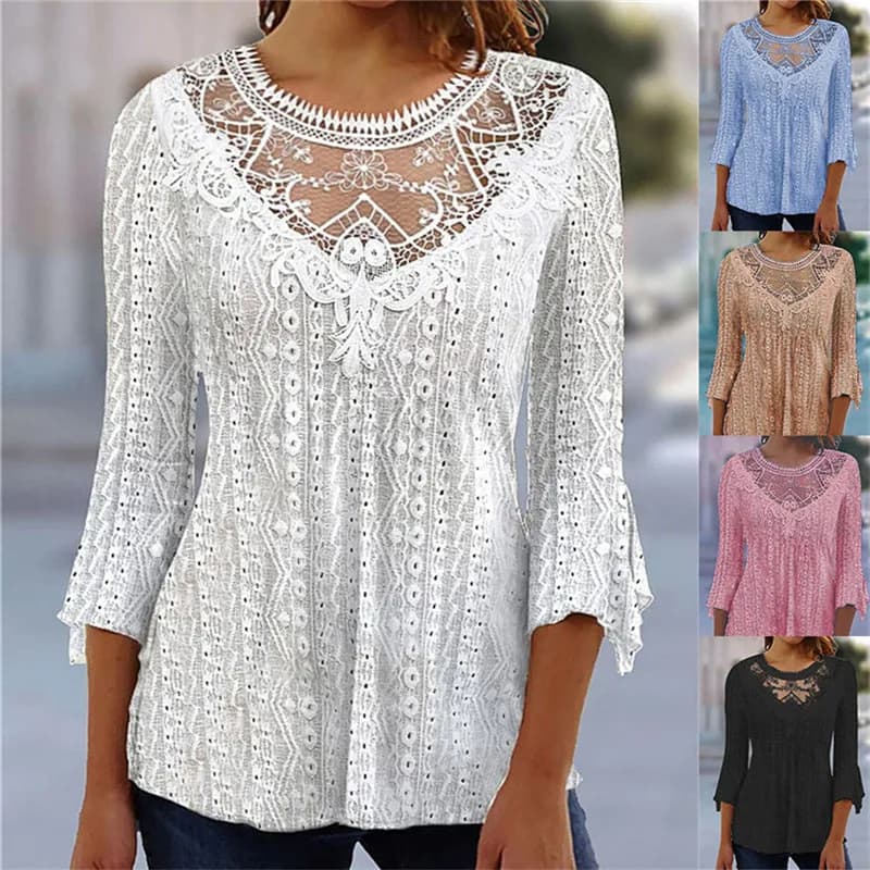 Women's Casual Solid color Blouse Fashion Lace Splicing Hollowed Out Round Neck 3/4 Sleeve Pullover Tops Women's Autumn Clothes