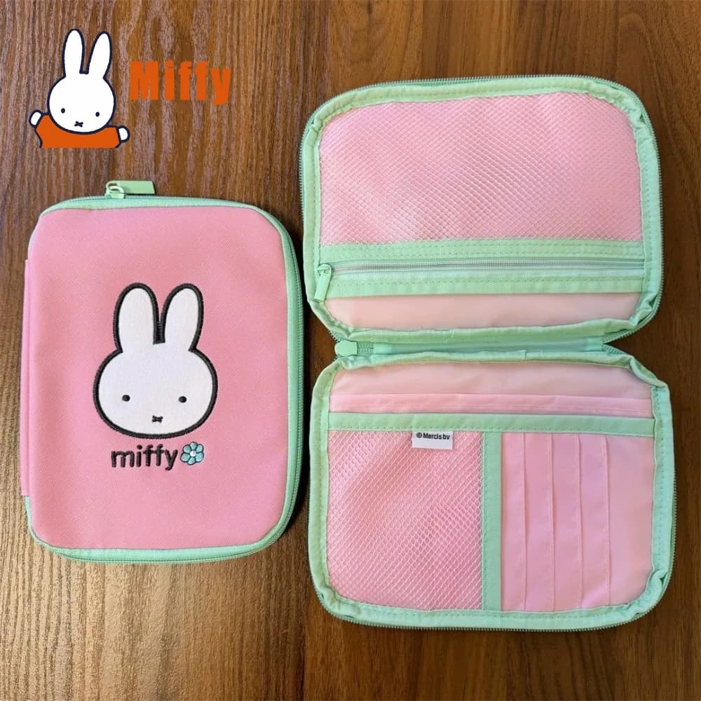 Borsa Clutch Multi-Tasca Kawaii Miffy, Simpatico Coniglio Rosa Pastello Verde Menta, Astuccio con Cerniera, Porta Carte e Passaporto, Regalo per Ragazze