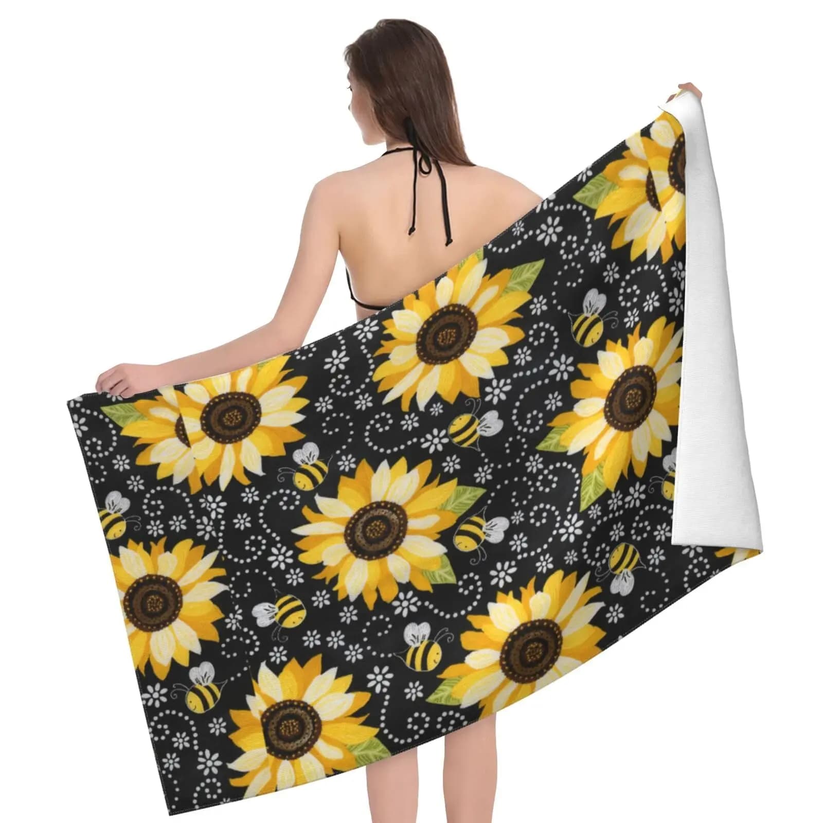 Beach towel with sunflower bees print Super soft quick drying towel for swimming pool, beach, bathroom, gym, travel, spa, sport, yoga mat