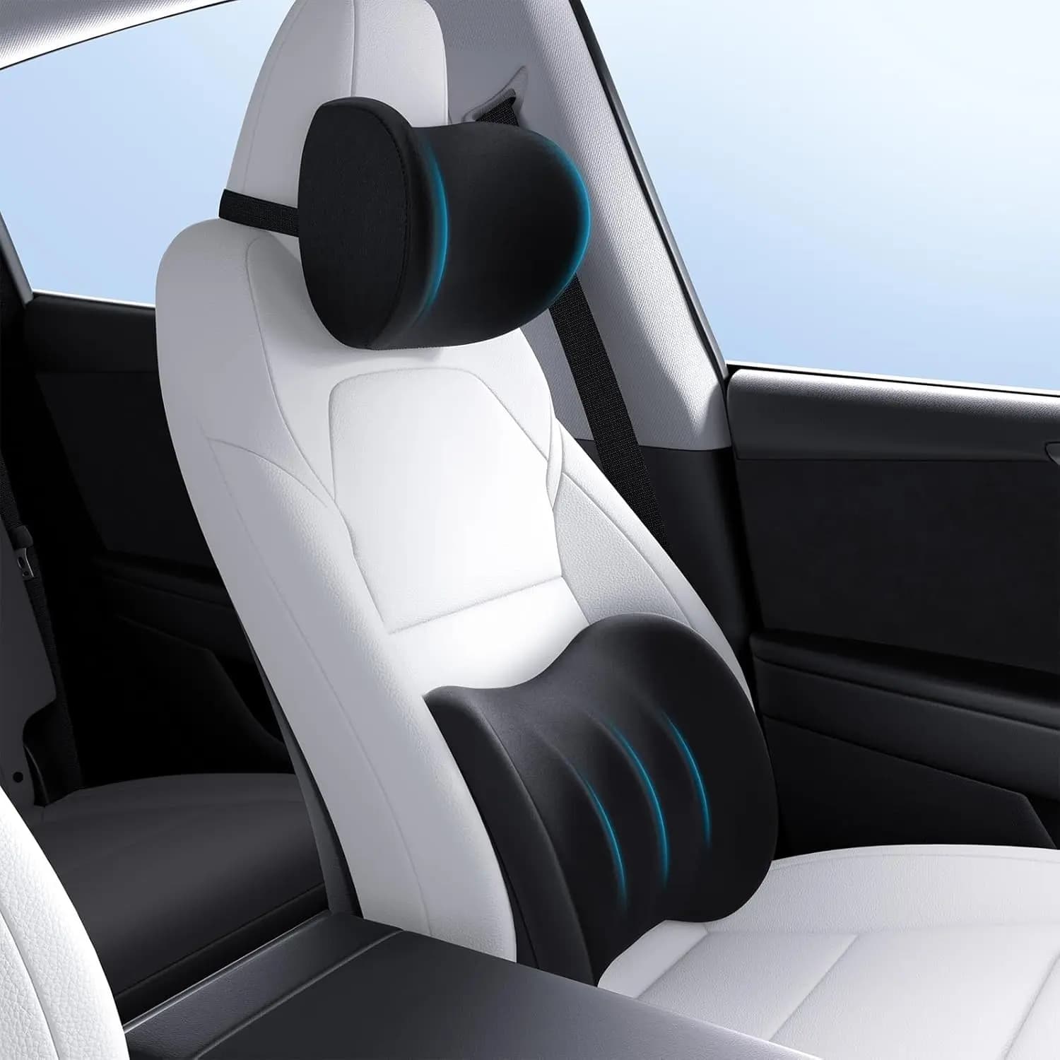 Set Ergonomico di Cuscino per Collo e Supporto Lombare per Auto con Cinghia Regolabile per Alleviare la Pressione, Adatto a Tutti i Veicoli