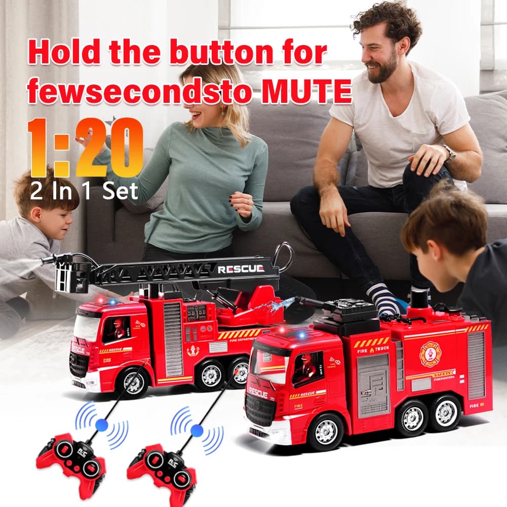 2in1 Set Camion dei pompieri telecomandato Giocattolo Ingegneria Veicolo da costruzione con scala di salvataggio Allarme Tubo luminoso Pompa dell'acqua Regalo per bambini