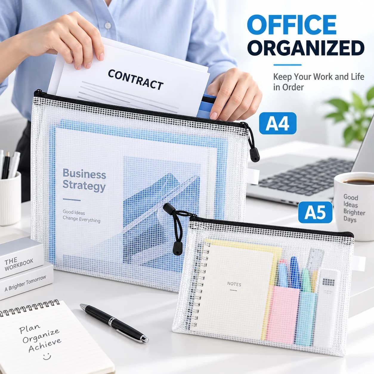 Plastic Mesh Zip File Bags 5/10PCS Waterproof Tear Resistant Document Folder Multi Size Storage Pouch for School Office Home