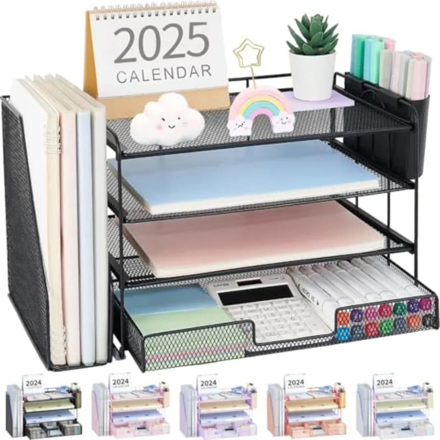 Organizzatore da Scrivania con Cassetto e Portapenne, Accessori per Ufficio, Classificatori di Documenti, Organizzatori per Spazi di Lavoro