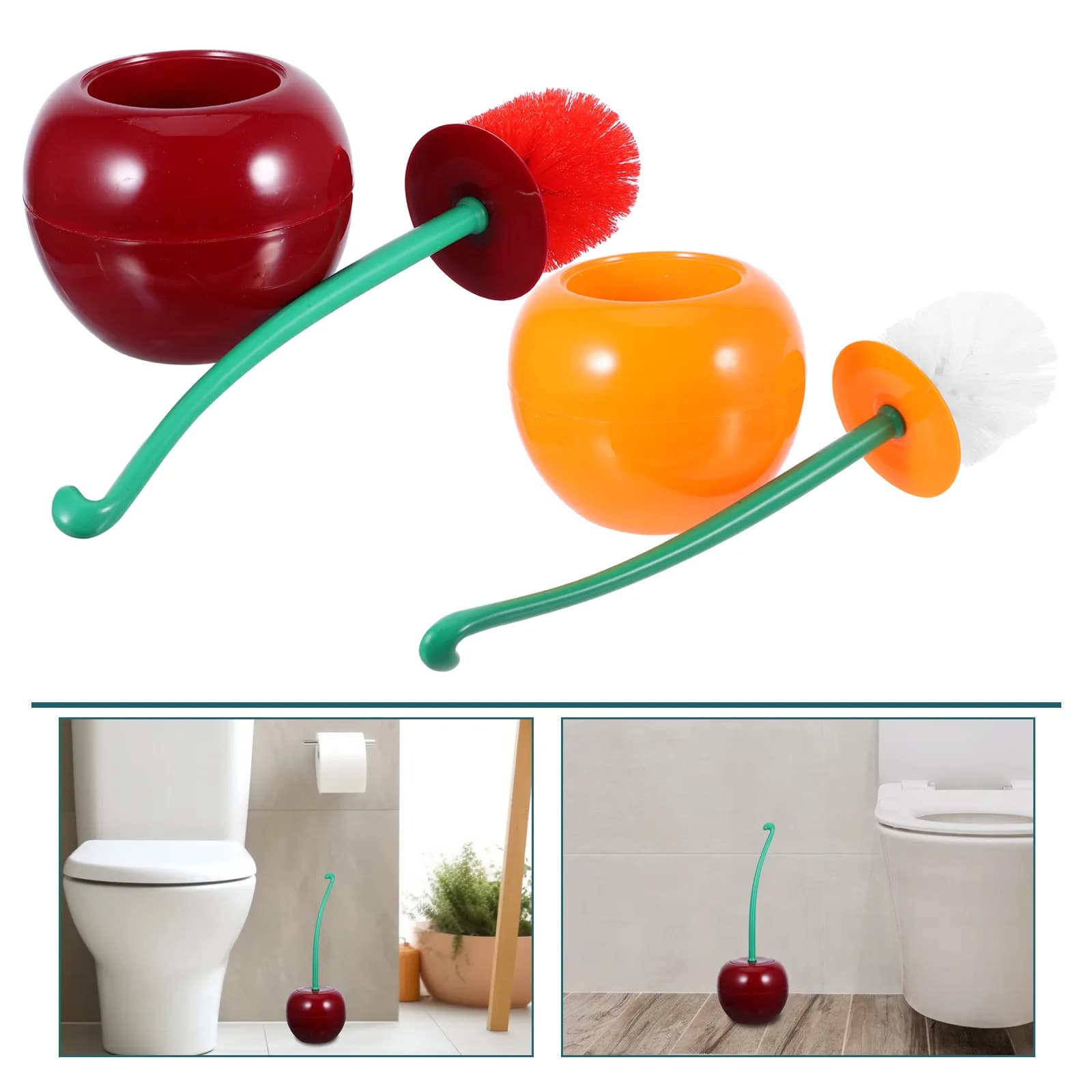 Set Spazzola WC a Forma di Ciliegia, Design Creativo a Frutta, con Manico Lungo e Supporto Verticale, Strumento Decorativo per la Pulizia del Bagno, Carino