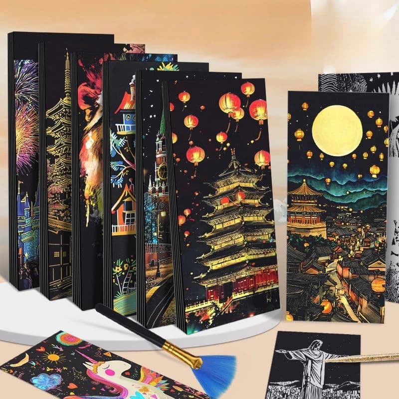 Set di 12 Pitture a Graffio per Bambini con Scene Notturne, Giocattoli Educativi con Paesaggi Urbani, Regalo di Compleanno, Decorazione Fai-da-Te per la Camera