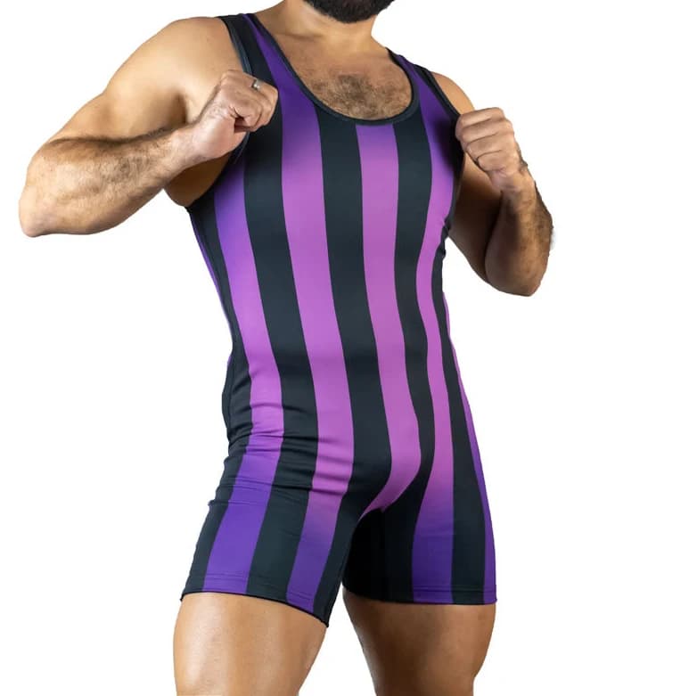 Purple vertical striped wrestling vest Triathlon boxing suit Iron men's whole suit Gym Fitness Fitness Demotuta