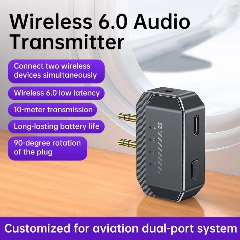 Wireless Audio Transmitter For Airplane Entertainment System GT36 Dual AUX Plug BT 6.0 Low Latency Dual Link Travel Adapter LED